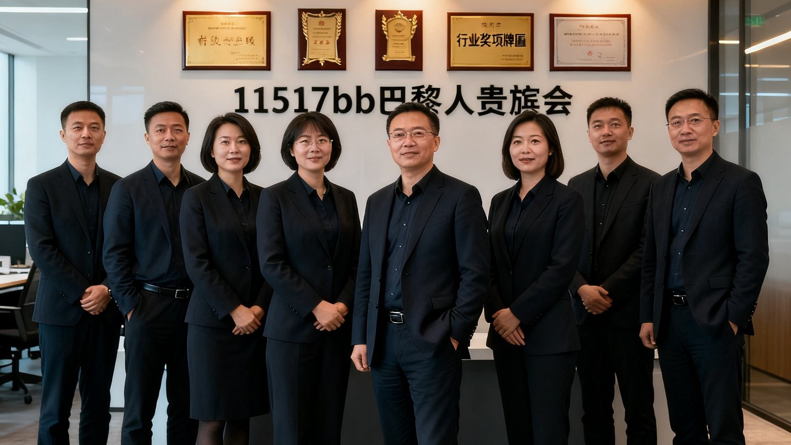 11517bb巴黎人贵宾会核心管理团队在总部办公室的合影照片，背景是现代简约风格的办公空间，团队成员身着深色商务装，神情专业自信，墙上展示着公司获得的行业奖项牌匾