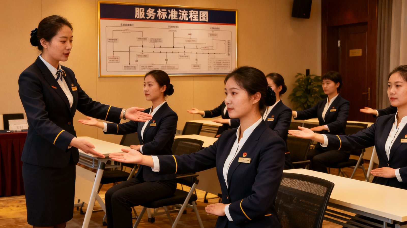 11517bb巴黎人贵宾会培训中心内，一批新入职管家正在模拟高端商务接待场景，培训师在一旁指导仪态细节，教室墙上挂着服务标准流程图，学员身着统一制服认真练习